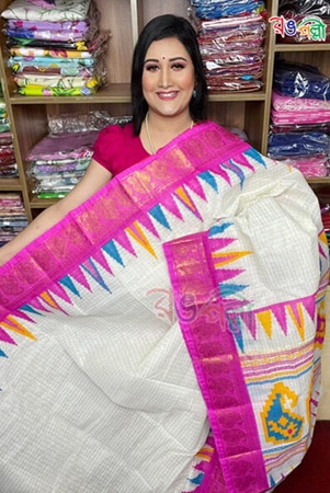 Pink and White with Multi Color Madurai Cotton Saree