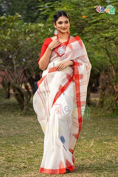 White and Lava-Red Color Monipori Saree