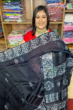 New Rajshahi Muslin Batik Saree in Black and White Color