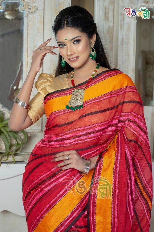 Begum Puri New Pure Cotton Red with Multi Color Saree With Blouse Piece
