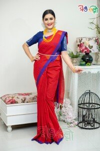 New Pure Cotton Chumki Red with Blue Saree With Blouse Piece