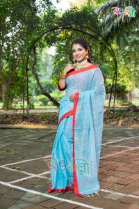 New Pure Cotton Chumki Light Sky with Red Saree With Blouse Piece