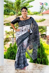 White and Black with Multi Color Cotton Batik Saree with Blouse Piece