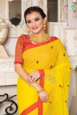 New Cotton Buti Yellow with Red Color Saree With Blouse Piece