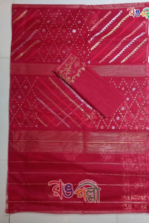 Red Color Body With Silver, Golden, and Copper Lace Dhakai Jamdani Saree With Blouse Piece