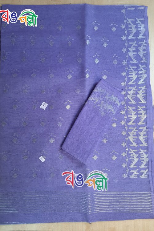 Lavender Color With Silver Lace Dhakai Jamdani Saree With Blouse Piece