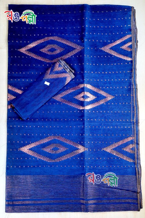 Navy Blue Color With Copper Lace Dhakai Jamdani Saree With Blouse Piece