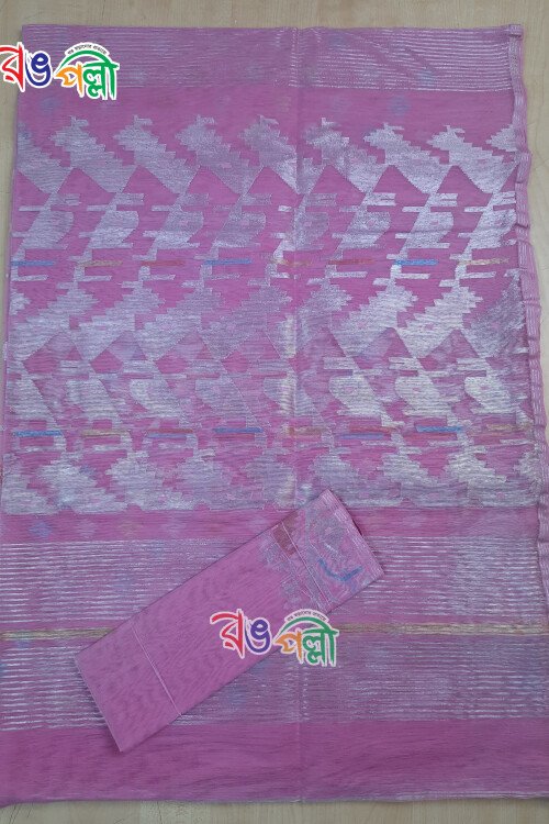 Pink Color Body With Sky-Blue and Golden Lace Dhakai Jamdani Saree With Blouse Piece