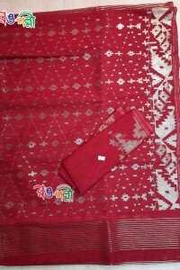Red Color Body With Golden Lace Dhakai Jamdani Saree With Blouse Piece
