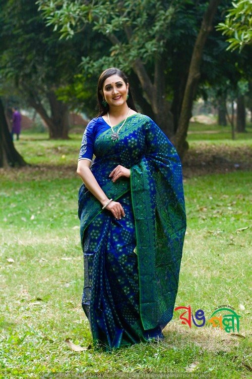 New Halfsilk Jamdani Navy Blue With Green 7 Star Color Saree