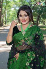 New Black with Green Golden Color Half Silk Jamdani Motif Saree