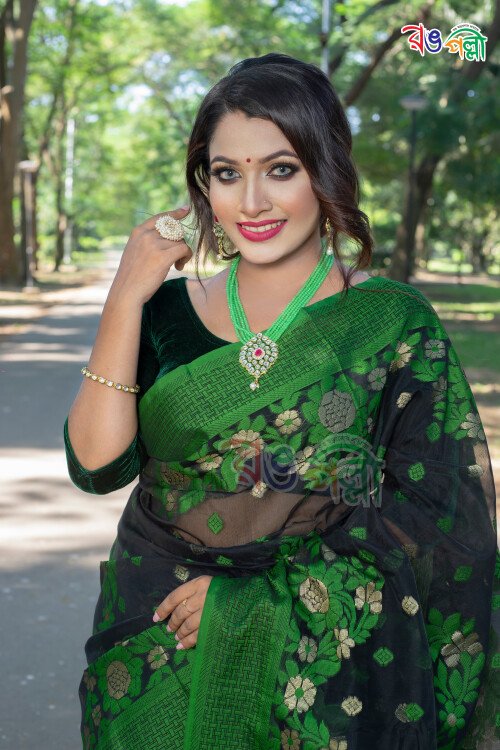 Art Silk Base Dark Green Color Saree With Stone And Sequins Work