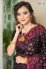 New Black with Mejenta Golden Color Half Silk Jamdani Motif Saree