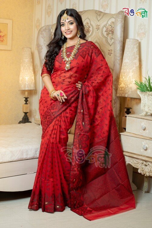 New Red with Black Color Half Silk Jamdani Motif Saree