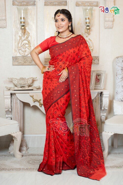 New Red with Black Golden Color Half Silk Jamdani Motif Saree
