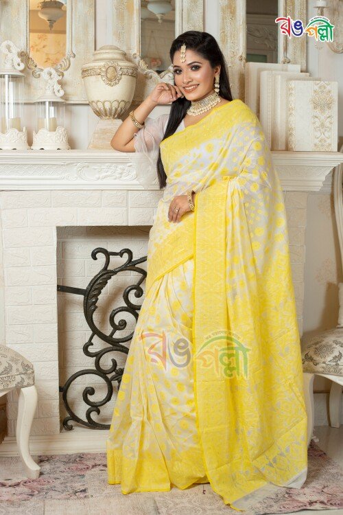 New White with Yellow Color Half Silk Jamdani Motif Saree