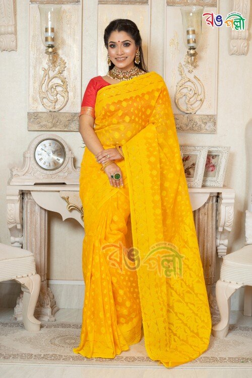 New Yellow with Yellow Sliver Color Half Silk Jamdani Motif Saree
