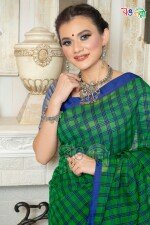 Green Blue Check Half Silk Saree With Blouse Piece