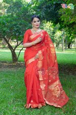 Red with Golden Color Halfsilk Saree with Running Blouse Piece