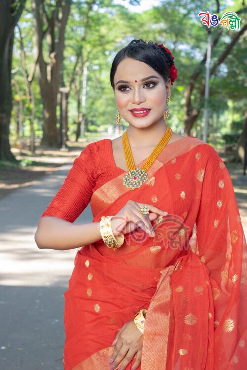 Red with Golden Color New Halfsilk Saree with Running Blouse Piece
