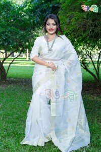 White with Golden Color Halfsilk Saree with Running Blouse Piece
