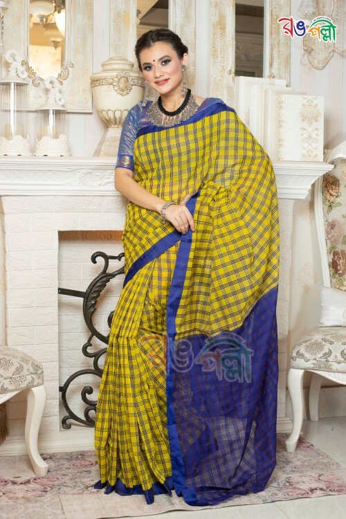 Yellow Blue Check Half Silk Saree With Blouse Piece