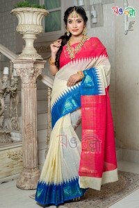 New Madurai Cotton White With Navy Blue Mejenta and Golden Paar Saree With Blouse Piece