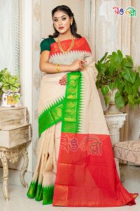 New Madurai Cotton White With Perrot Green Red and Golden Paar Saree With Blouse Piece