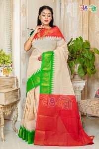 New Madurai Cotton White With Perrot Green Red and Golden Paar Saree With Blouse Piece