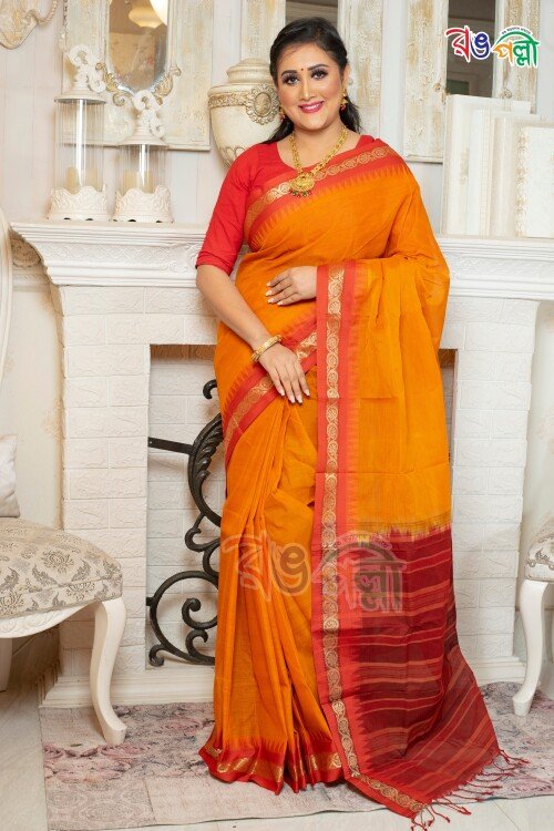 New Maslice Mustard With Red Golden Color Lota Paar Saree With Blouse Piece