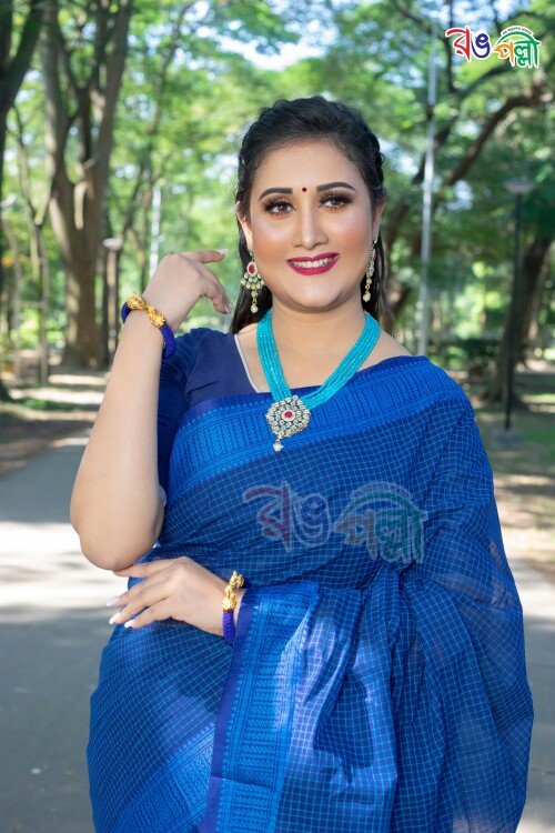 Blue with Feroza Color New Cotton Check Saree with Running Blouse Piece