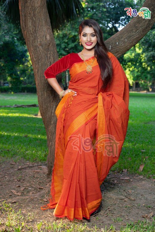 Red with Yellow Color New Cotton Check Saree with Running Blouse Piece