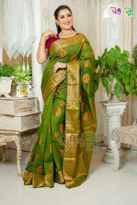 Olive with Golden Color Half Silk Tanchuri Saree with Running Blouse Piece