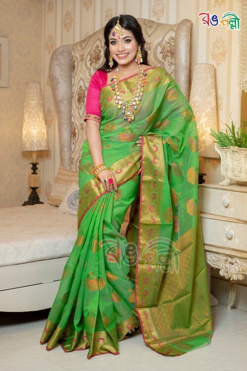 Parrot Green with Golden Color Half Silk Tanchuri Saree with Running Blouse Piece