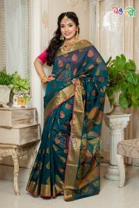 New Tanchuri Sea Green with Golden Color Half Silk Saree with Running Blouse Piece