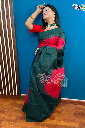 Mineral Green and Red Cotton Batik Saree