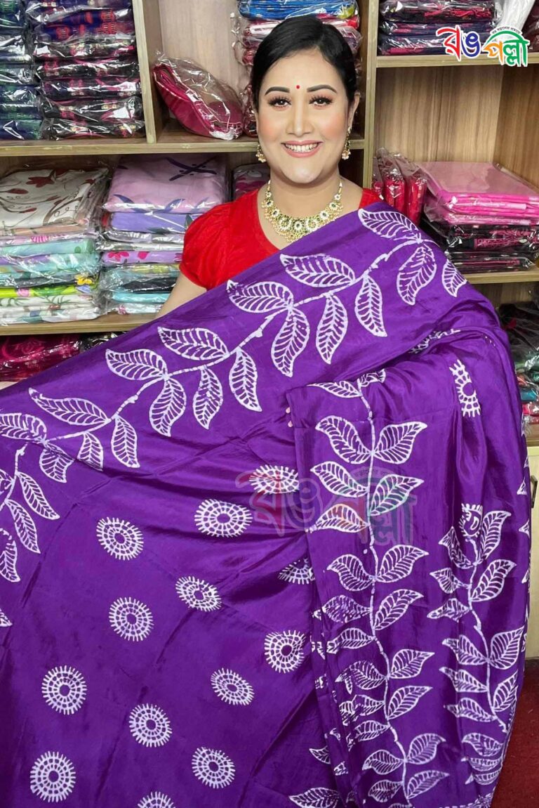 Elegant Purple Silk Batik Saree with White Leaf Motifs